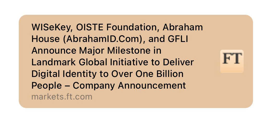 WISeKey Establishes Charity Partnerships to Provide Digital Identities and Financial Inclusion to Over One Billion People